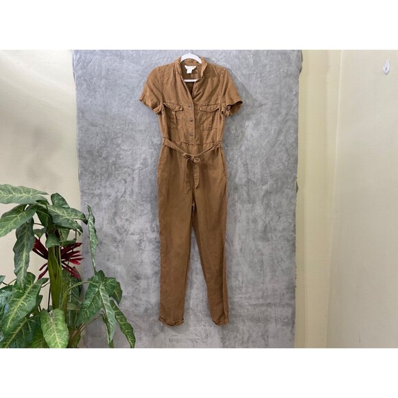 C & C California Brown Linen Blend Button Front jumpsuit women’s size Medium - Picture 3 of 11